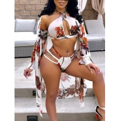 Lovely Sexy Floral Print Hollow-out White Three-pi