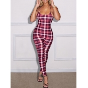 Lovely Casual Spaghetti Strap Plaid Print Pink One