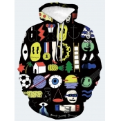 Lovely Men Casual Hooded Collar Cartoon Print Blac