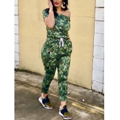 Lovely Street Boat Neck Camo Print Drawstring One-