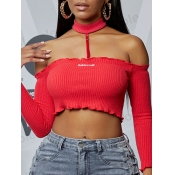 Lovely Chic Rib-Knit Off The Shoulder Print Red T-