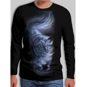 Lovely Men Casual O Neck Cat Print Black T-shirt