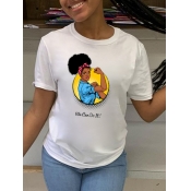 Lovely Casual O Neck Cartoon Letter Print White T-