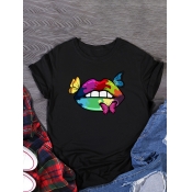 Lovely Plus Size Casual Butterfly Lip Print Black 