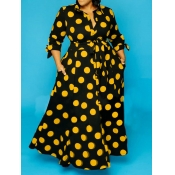 Lovely Trendy Dot Print Lace-up Yellow Maxi Plus S