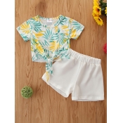 Lovely Girl Casual Leaf Print Knot Design White Tw