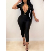 Lovely Sexy Zipper Design Skinny Black One-piece J