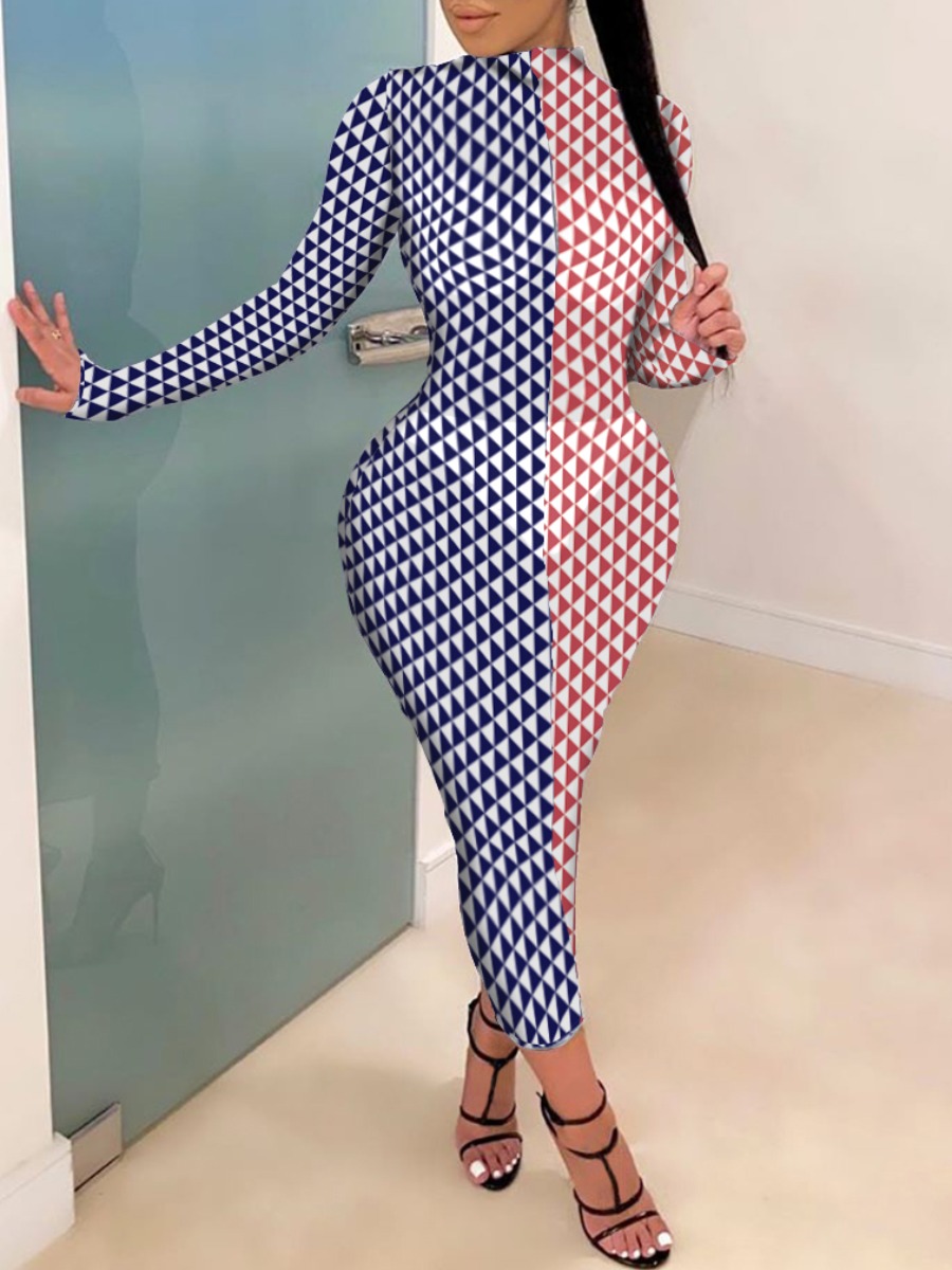 LW Chic Mesh Plaid Print Blue Ankle Length Dress 