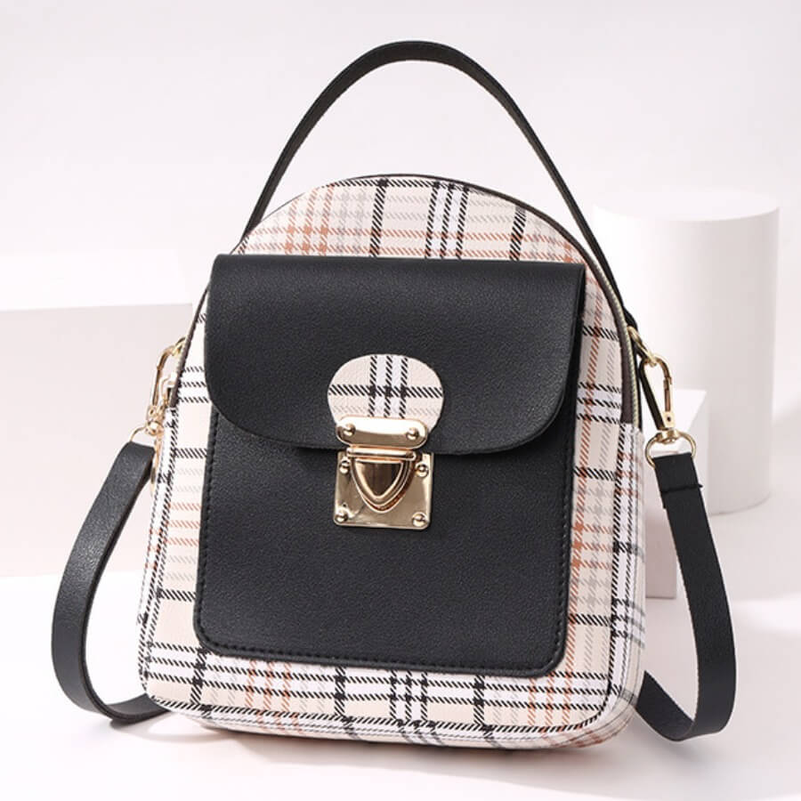 LovelyWholesale Faux Leather Plaid Print Metal Accessories Decor Crossbody Bag All Seasons Casual Spring Summer 2024