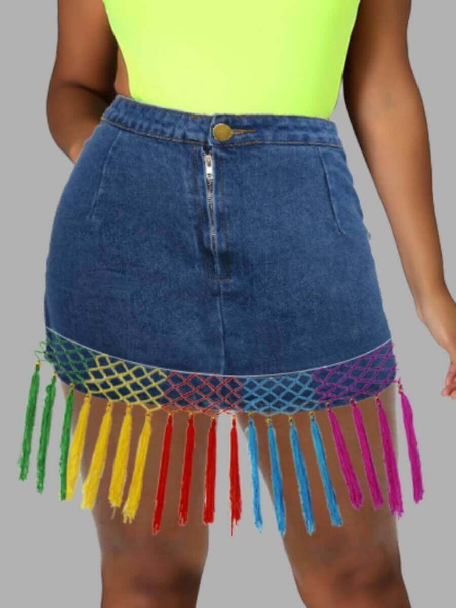 LW Stylish Tassel Design Patchwork Deep Blue Denim Skirt (No Stretch)