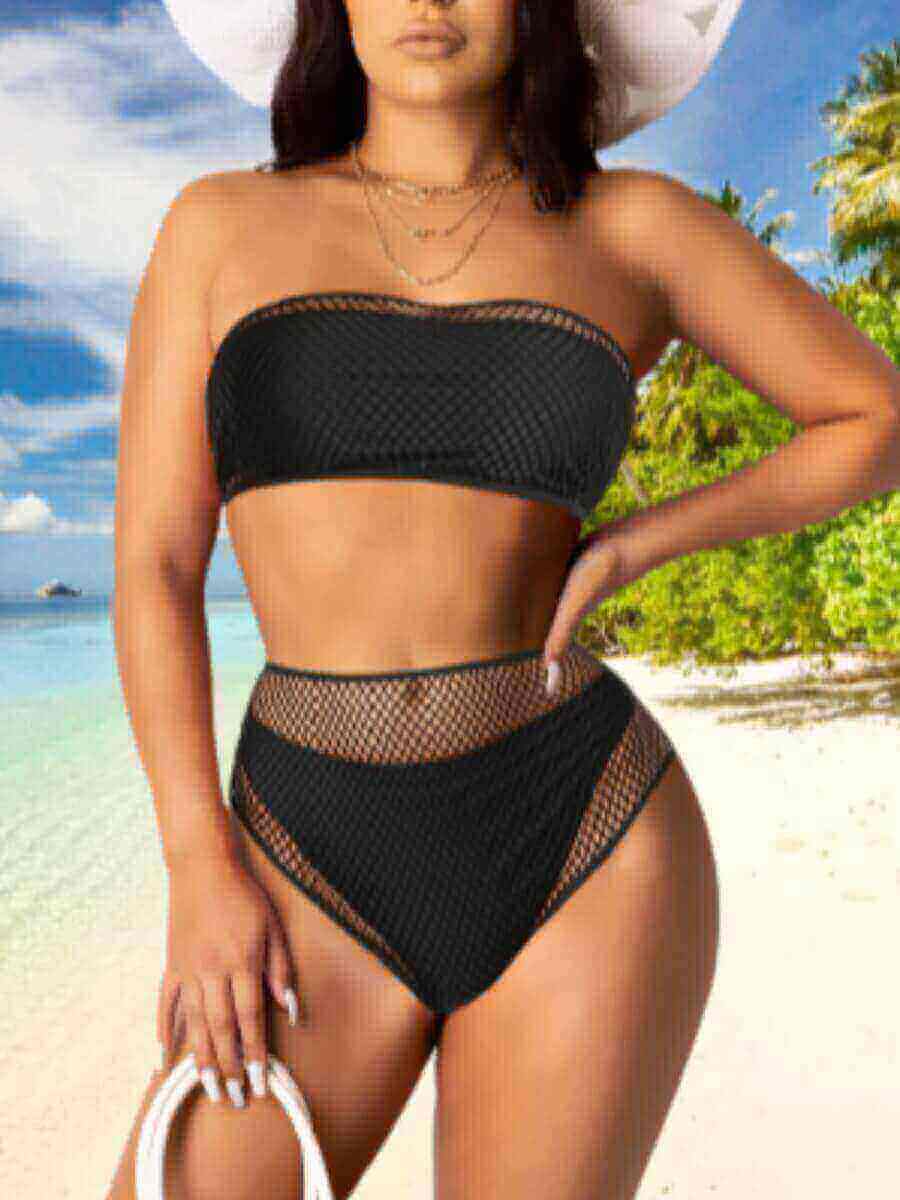 LW Casual Off The Shoulder See-through Patchwork Black Two-piece Swimsuit