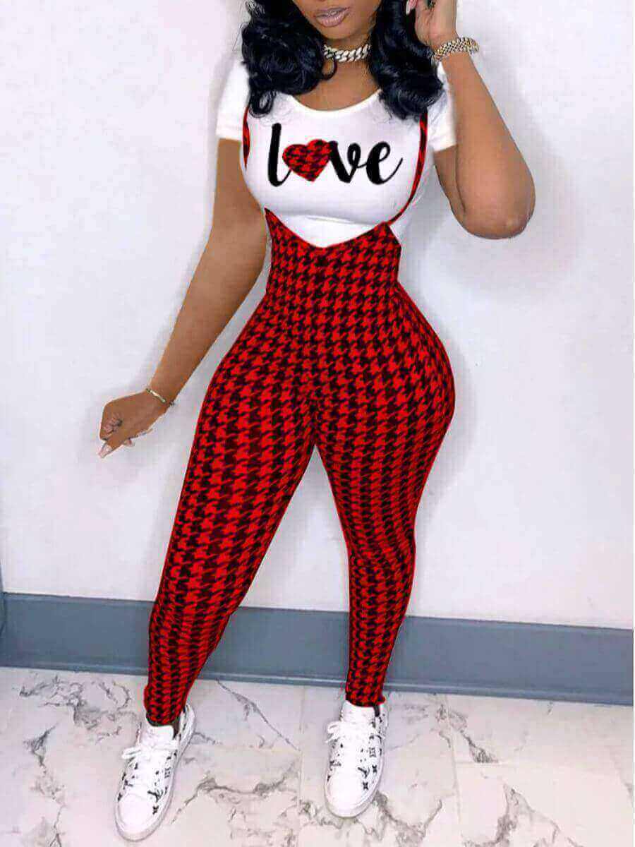 LW Love Plaid Letter Print Overall Pant Set