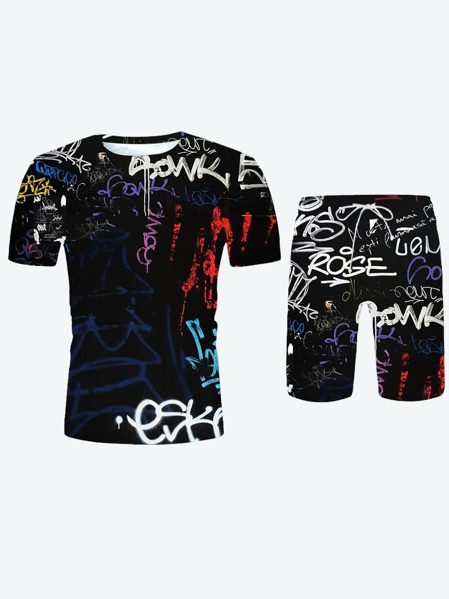 LovelyWholesale Casual O Neck Letter Print Black Men Two Piece Shorts Set Summer Short Sleeve Street Basic Round Neck Spring Summer 2024