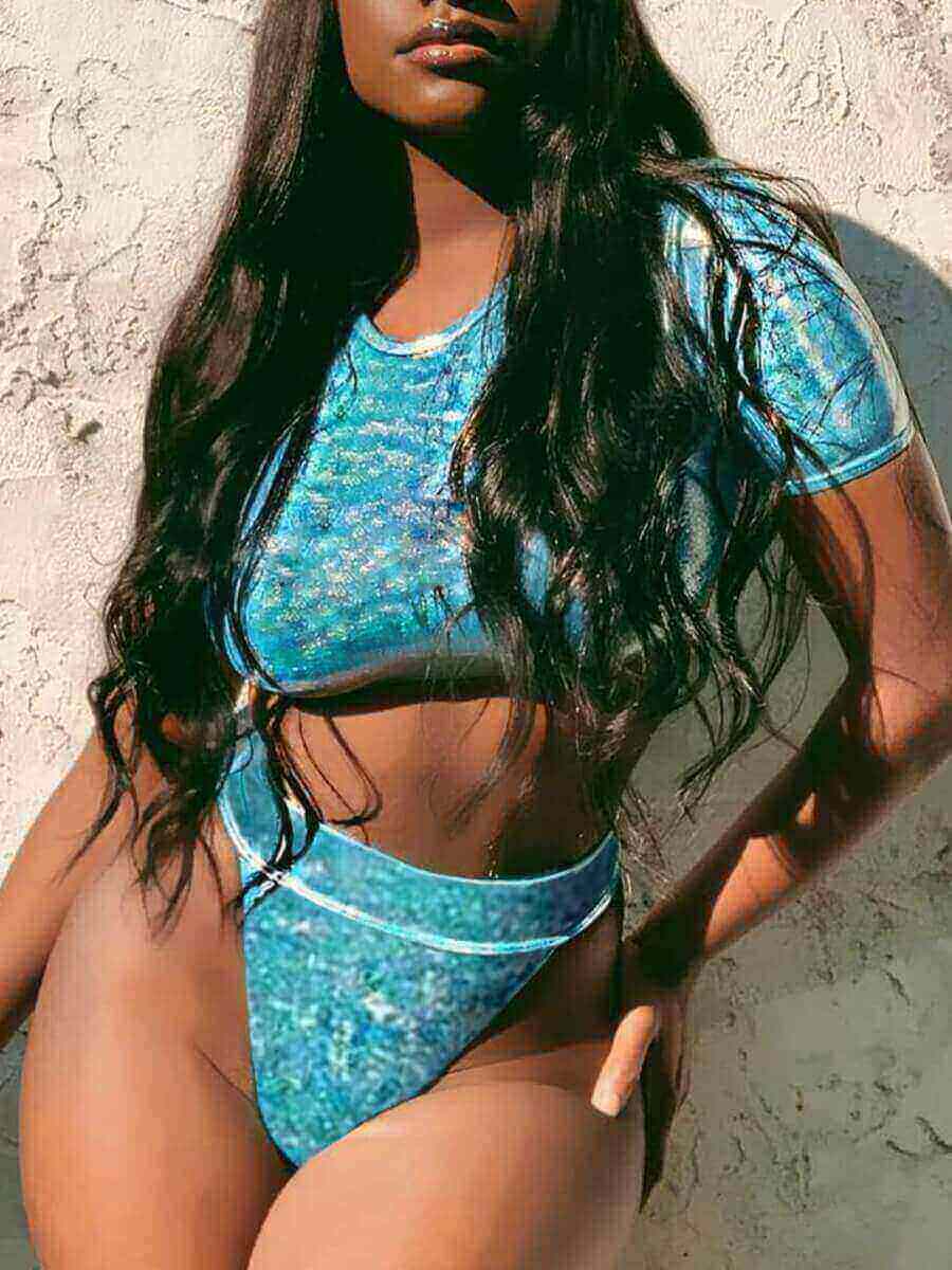 LW Casual O Neck Tie-dye Blue Tankini