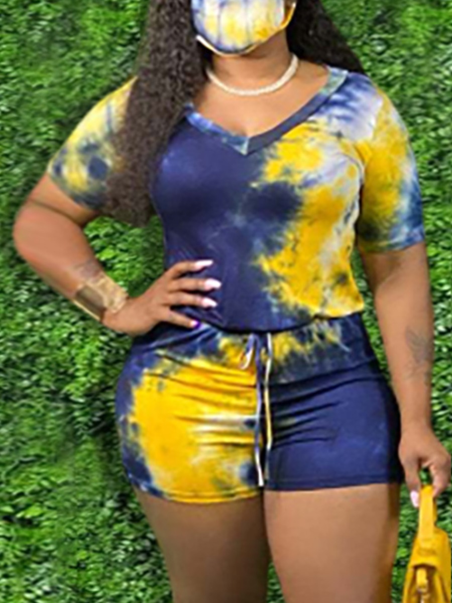 LW Street Tie Dye Drawstring Blue One-piece Romper