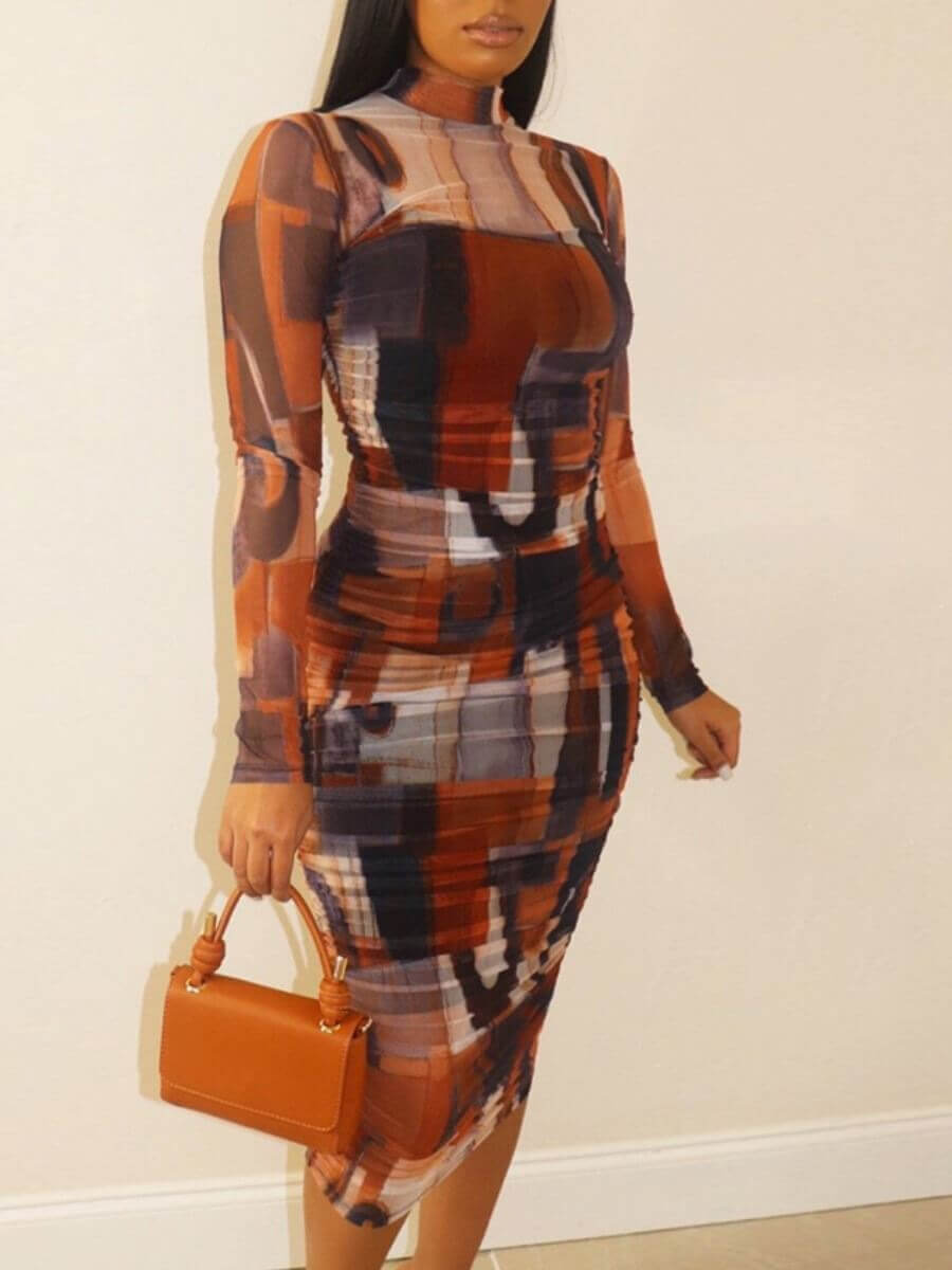 LW Plus Size Elegant Half A Turtleneck Print Multicolor Mid Calf Dress