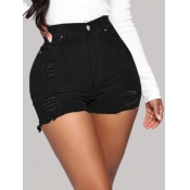 Lovely Casual High-waisted Broken Holes Black Deni
