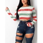 LW Casual Striped Patchwork White T-shirt(No-posit