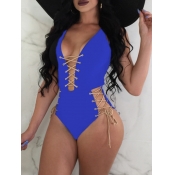 Lovely Trendy Bandage Hollow-out Design Blue One-p