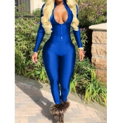 LW Sweet Zipper Design Basic Skinny Blue One-piece
