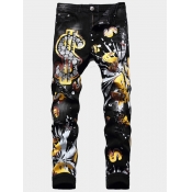 Lovely Men Casual Mid Waist Graffiti Print Black J