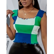 Lovely Casual Scalloped Color-lump Patchwork Green