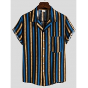 Lovely Men Casual Turndown Collar Striped Blue Shi