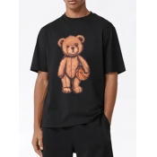 Lovely Men Casual O Neck Cartoon Print Black T-shi