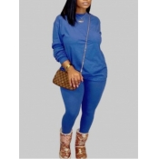 LW BASICS Plus Size Casual O Neck Elastic Blue Two