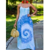 Lovely Casual Spaghetti Strap Tie-dye Baby Blue Fl