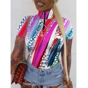 LW Casual Mandarin Collar Print Patchwork Pink T-s