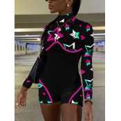 LW Trendy Star Print Patchwork Black One-piece Rom