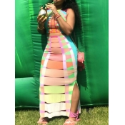 LW Casual O Neck Color-lump Patchwork Multicolor T