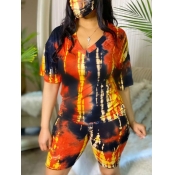 Lovely Casual V Neck Tie Dye Orange Two Piece Shor