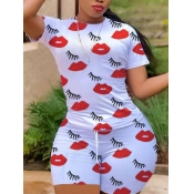Lovely Casual O Neck Lip Print Drawstring White Tw