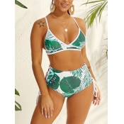 Lovely Casual Leaf Print Drawstring Green Two-piec