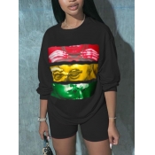 Lovely Casual O Neck Graffiti Print Black Two Piec
