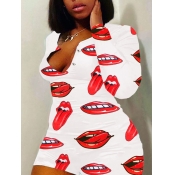 Lovely Plus Size Casual Lip Print White One-piece 