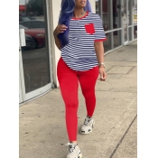 LW Casual O Neck Striped Patchwork Red Two Piece P