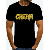Lovely Men Casual O Neck Letter Print Black T-shir