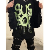 LW Men Chic O Neck Letter Graffiti Print Black T-s