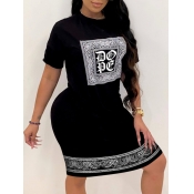 Lovely Casual O Neck Print Patchwork Black Knee Le