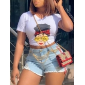 LW Casual O Neck Cartoon Print White T-shirt