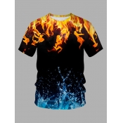 LW Men Casual O Neck Flame Print Black T-shirt