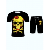 Lovely Men Casual Skeleton Print Black Two Piece S