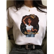 Lovely Casual O Neck Portrait Print Brown Plus Siz