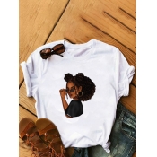 Lovely Casual O Neck Graffiti Print White Plus Siz