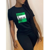 Lovely Casual O Neck Letter Print Black Plus Size 