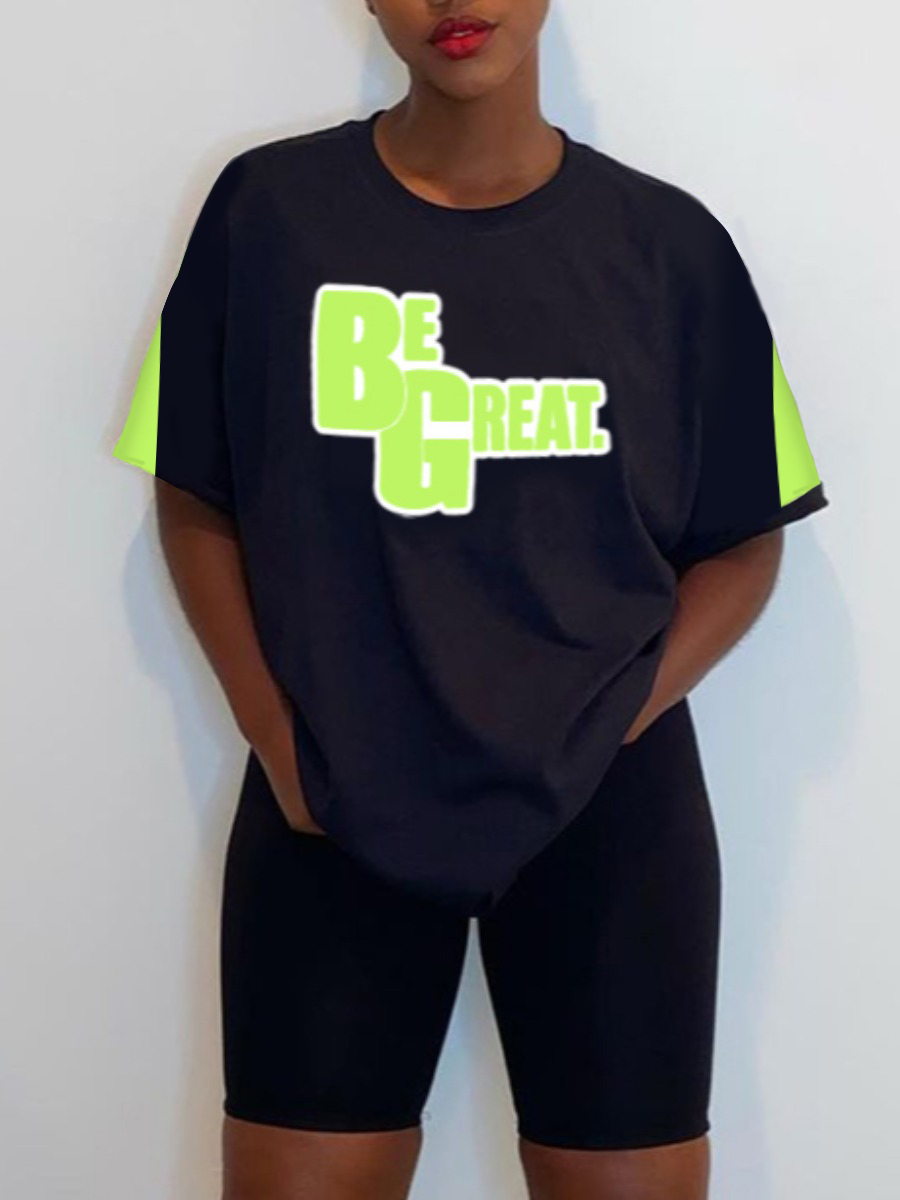 LovelyWholesale Casual Letter Print Patchwork Black T-shirt Summer Short Sleeve Casual Pullovers Round Neck Spring Summer 2024