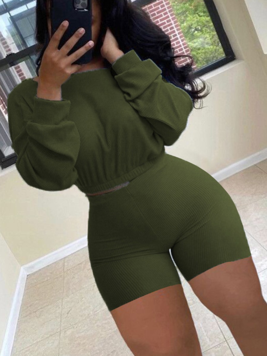 Lovely Sporty O Neck Basic Skinny Army Green Plus Size Two-piece Shorts Set